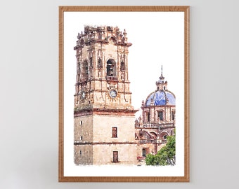 Cathedral de Morelia, Mexico watercolor print, Morelia Travel Poster, Michoacan Mexico Print, Digital download 5x7, 8x10, 11x14, 18x24
