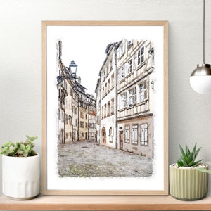 Colmar Frankreich Aquarell Druck, Frankreich Straße, Stadt Landschaft, Kopfsteinpflaster Straßen Gebäude, digital bedruckbar 5x7 8x10, 11x14, 16x20, 18x24