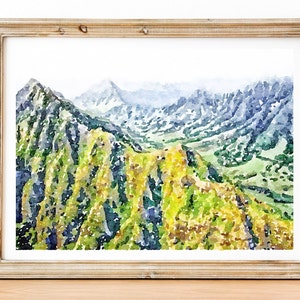 Hawaii, Oahu Koolau Mountain Range watercolor print, Hawaiian Island poster, Digital Download 2x3, 5x7, 18x24