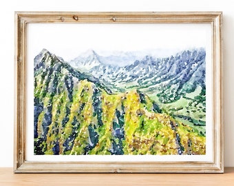 Hawaii, Oahu Koolau Mountain Range watercolor print, Hawaiian Island poster, Digital Download 2x3, 5x7, 18x24