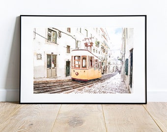 Lisbon Portugal Cityscape Watercolor, Yellow Tram, Coastal Decor, Portugal Wall Art, Digital Printable, 2x3, 5x7, 8x10, 11x14, 18x24