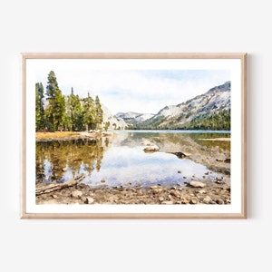 Impressão em aquarela do Parque Nacional de Yosemite, pôster de Mountain Lake, arte de parede de viagens na Califórnia, download digital 2x3, 5x7, 8x10, 11x14, 18x24