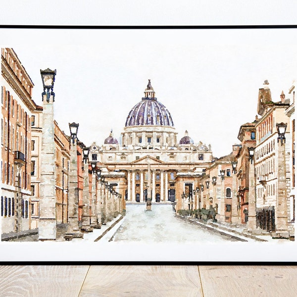 Vatican Rome Italy watercolor print, St Peter's Basilica Vatican, Travel gift from Italy, Instant download 2x3, 5x7, 8x10, 11x14, 18x24