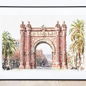 Pode incluir: Uma pintura em aquarela de um arco de tijolo vermelho com palmeiras de cada lado. O arco está em um ambiente urbano com edifícios e árvores no fundo.
