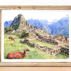 Machu Picchu, Peru watercolor print,  Andes Mountains Incan Citadel, Urubamba River Valley, Cusco Digital download 5x7 8x10, 11x14, 18x24