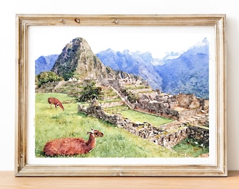 Machu Picchu, Peru watercolor print,  Andes Mountains Incan Citadel, Urubamba River Valley, Cusco Digital download 5x7 8x10, 11x14, 18x24