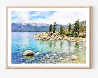 タホ湖の水彩風景、サンドハーバービーチの装飾、カリフォルニア国立公園、印刷可能な壁アート 2x3、5x7、8x10、11x14、18x24