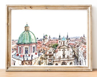 Prague Watercolor Art Print, Czech Republic Print, Europe Watercolor Art, Prague Skyline, Digital Printable 2x3, 5x7, 8x10, 11x14, 18x24