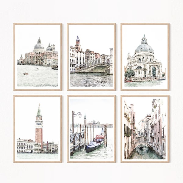 Venice Set of 6 Digital Watercolor Prints, Grand Canal, Gondola, Rialto Bridge, Piazza San Marco, Italian Decor, Digital Download 5x7, 8x10