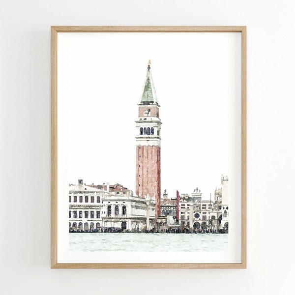 Venice Italy Digital Watercolor Print St. Mark's Square Basilica Campanile Piazza San Marco Digital Printable 5x7, 8x10, 11x14, 16x20, 18x24