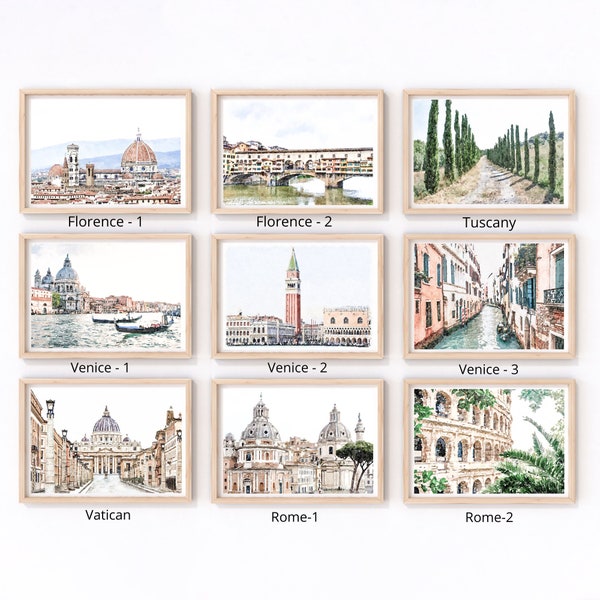 Italy Set of 9 Watercolor print, Florence, Venice, Tuscany, Rome, Vatican, 7x5 Ratio, Italy Travel gift, Poster Italy, Instant download 7x5