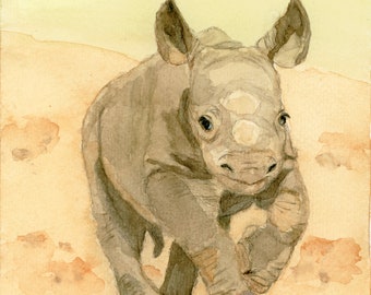 Baby Black Rhino, watercolor art print,  18,8cm x 15cm, cute rare african rhino print