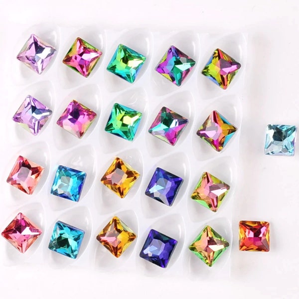 50pcs 8mm AB Color Square Glass Crystal Point Back Rhinestone for Wedding Dress Shoes Bags