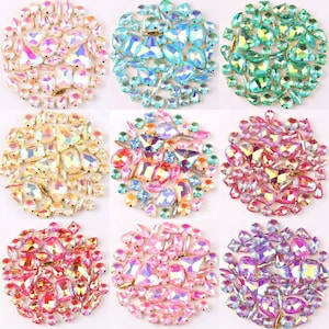 50pcs Mix Sizes AB Color Glass Crystal Sew On Rhinestone Beads with Gold Claw for Wedding Dress Shoes Bags