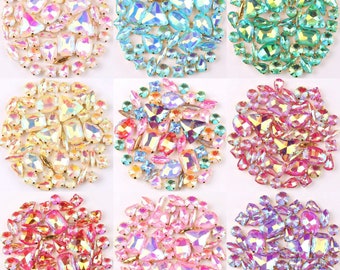 50pcs Mix Sizes AB Color Glass Crystal Sew On Rhinestone Beads with Gold Claw for Wedding Dress Shoes Bags