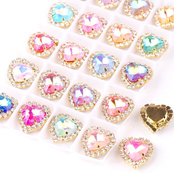 20pcs AB Color Heart Glass Crystal Sew On Flatback Rhinestone Beads for Jewelry Making