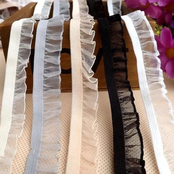 2 Yards Ruffle Lace Trim Elastic Ribbon Fold Over Spandex for Elastic Band Sewing Lace Trim, Waist Band Garment Accessory