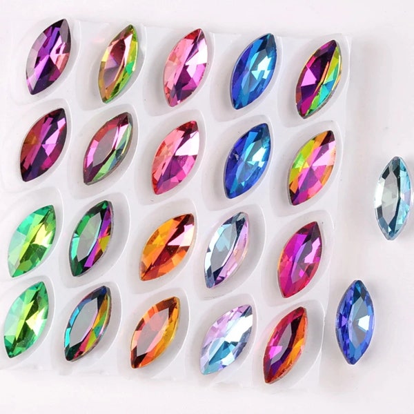 20pcs 7x15mm AB Color Navette Shape Glass Crystal Point Back Rhinestone for Wedding Dress Shoes Bags