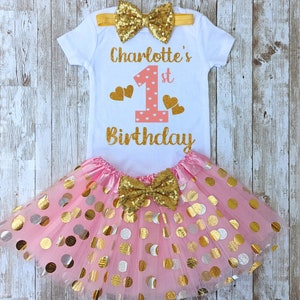 First Birthday Outfit, Baby Girl 1st Birthday Dress, Pink and Gold Cake Smash Outfit, Personalized 1st birthday Outfit, Girl Birthday