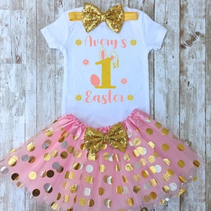 GIRLS 1st EASTER OUTFIT, My First Easter Baby Girl Outfit, Personalized First Easter Dress, Easter Bunny Bodysuit, Pink and Gold Tutu set