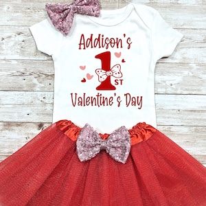 First Valentines Day Baby Girl Outfit My 1st valentine&#39;s Day Bodysuit Personalized Red Valentines Tutu set Newborn Girl Valentines Dress