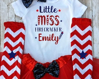 Little Miss firecracker, Girls 4th of July, Red White and Blue Baby Outfit, Independence Day Outfit , Newborn 1st Fourth of July Outfit