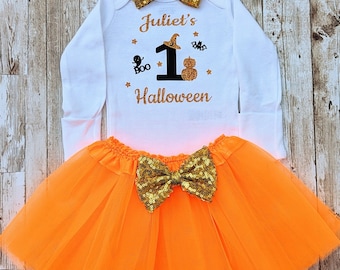 1st Halloween outfit, Baby girl first Halloween, first Halloween dress, My first Halloween, orange gold, newborn halloween shirt