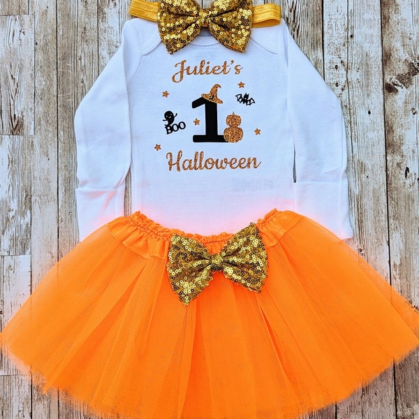 1st Halloween outfit, Baby girl first Halloween, first Halloween dress, My first Halloween, orange gold, newborn halloween shirt