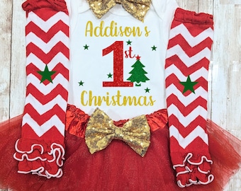 Baby Girl first Christmas outfit Newborn Christmas dress My first Christmas Personalized tutu set Xmas top Christmas bodysuit 1st Christmas