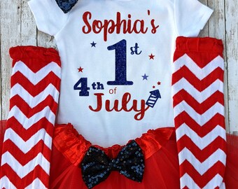 1st 4th of July Baby Girl Outfit, Personalized first 4th of July Bodysuit, Red white and Blue Dress, Patriotic Independence Day Outfit