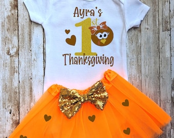 Baby girl 1st Thanksgiving outfit My first thanksgiving dress Turkey bodysuit orange & gold tutu set personalized newborn thanksgiving shirt