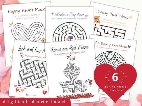 Valentine's Day Maze Collection, Valentine Maze Printable, Valentine's Day  Printables, Printable Games for Kids INSTANT DIGITAL DOWNLOAD 