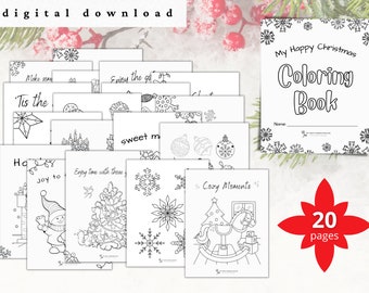 May include: A black and white coloring book with 20 pages featuring Christmas-themed illustrations. The cover has the title "My Happy Christmas Coloring Book" and a snowflake border.