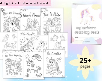 25 páginas para colorear de unicornio, páginas para colorear imprimibles de unicornio, libro para colorear de unicornio, página para colorear de unicornio Pdf, DESCARGA DIGITAL INSTANTÁNEA