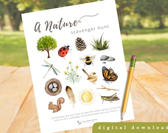 Caça ao tesouro da natureza imprimível para crianças, aquarela colorida para caminhadas em trilhas, festa de aniversário com tema de floresta, DOWNLOAD DIGITAL INSTANTÂNEO