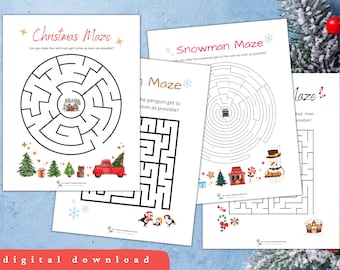 May include: Four printable Christmas maze activity sheets featuring a red truck, a snowman, a penguin, and a gingerbread man. Each maze has a festive holiday theme.