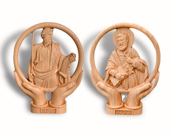 Saint Peter and Saint Paul Figurine Set for Desks, Desktop Beech Wood Catholic Statues, Christian Gift Home Decor