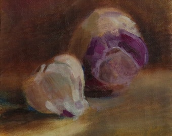 Garlic, Turnip, Original Oil Painting, Miniature Art, Food Fine Art, Kitchen Art