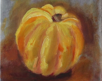 Pumpkin painting, oil painting of a white pumpkin w stem, impressionistic, STRADA easel challenge Marilyn Eger 6x6