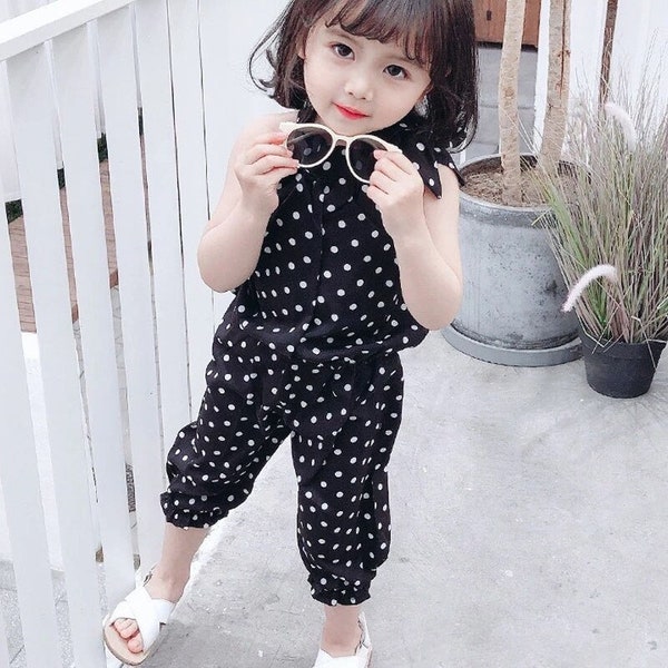 Girls Polka Dot Layered Top and Checkered Pants Set