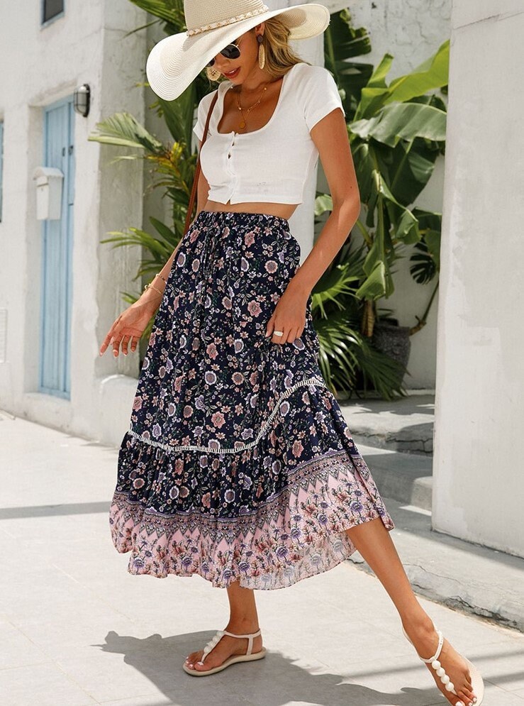 Boho Floral Print Skirts High Waist A-line Pleated Long Beach - Etsy