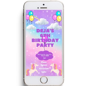 Unicorns and Balloons Animated Digital Birthday Invitation, for Girls, Editable & Customizable, Can Be Sent Via Text, Email, Print.