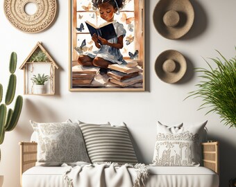 Decorazione murale con ragazza che legge in acquerello, elegante decorazione murale per camere da letto, bellissima decorazione murale con farfalla e libro in acquerello, arte da ragazza Boho