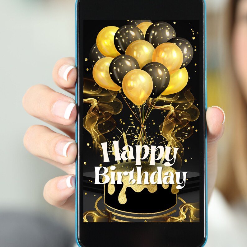 Op de afbeelding: Een smartphone-scherm met een zwart-gouden verjaardagskaart met de tekst "Happy Birthday" en een bos zwarte en gouden ballonnen.