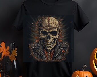 May include: Black t-shirt with a graphic of a skull wearing a leather jacket and a crown of thorns. The skull has a menacing expression and is surrounded by a fiery halo.