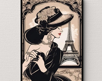 Vintage Parisian Elegant Woman, Paris-inspired Vintage fashion Wall Art, Printable Retro Women Fashion Wall Art, Trendy Wall Art, Fashion