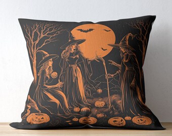 Halloween Witch Gathering Throw Pillow, Harvest Moon Decor