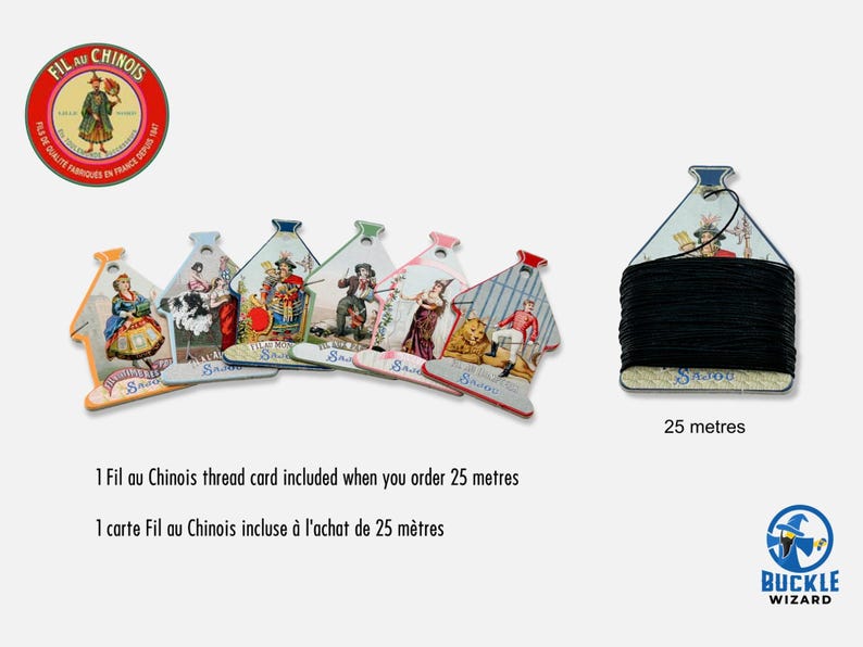 May include: A collection of six decorative cardboard thread cards featuring vintage-style illustrations and the text Fil Au Chinois Sajou, alongside one card wrapped with 25 meters of black thread. The cards are shaped like small houses with a top notch.