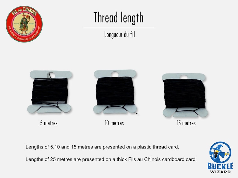 May include: Three white plastic thread cards wrapped with black thread, labeled 5 metres, 10 metres, and 15 metres. Text reads: Thread length, Longueur du fil, Lengths of 5, 10 and 15 metres are presented on a plastic thread card, Lengths of 25 metres are presented on a thick Fils au Chinois cardboard card.