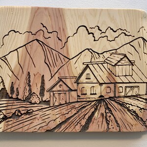 Cedar Wood Wall Art - Farm and Mountains Scene